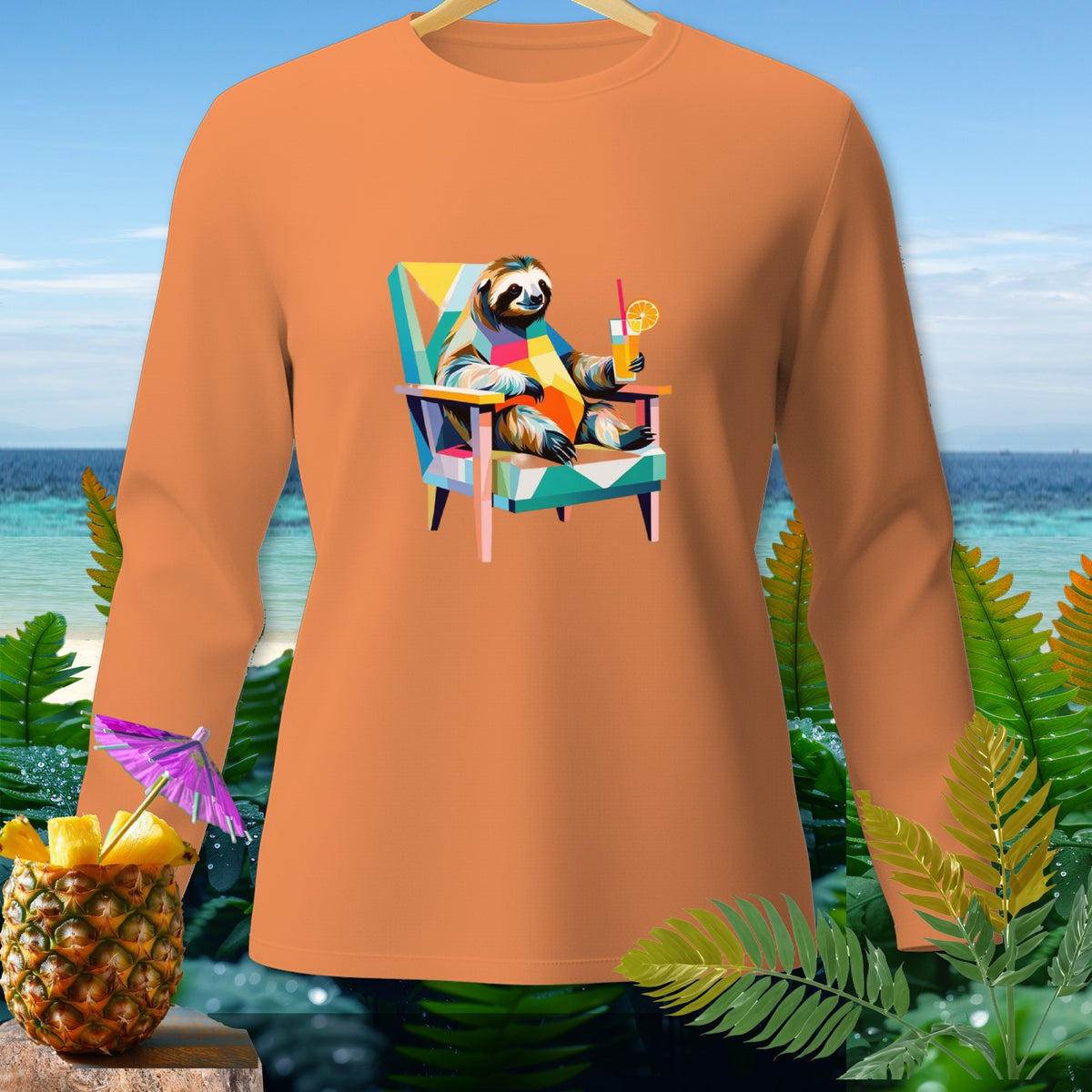 Orange long-sleeve shirt with a pop-art sloth graphic and tropical background.