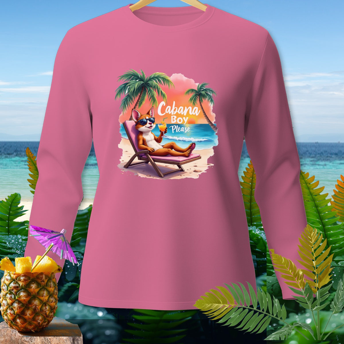 Pink long-sleeve shirt with a cartoon dog on a beach lounge chair and "Cabana Boy Please" text.