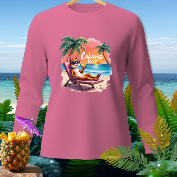 Pink long-sleeve shirt with a cartoon dog on a beach lounge chair and "Cabana Boy Please" text.