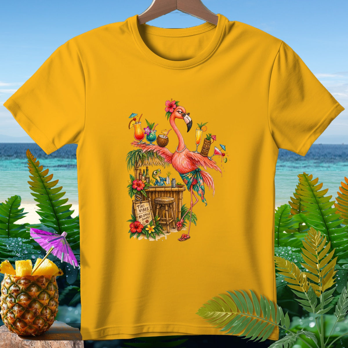 Flamingo at tiki bar with "Tiki Vibes No Spills" sign on yellow t-shirt.
