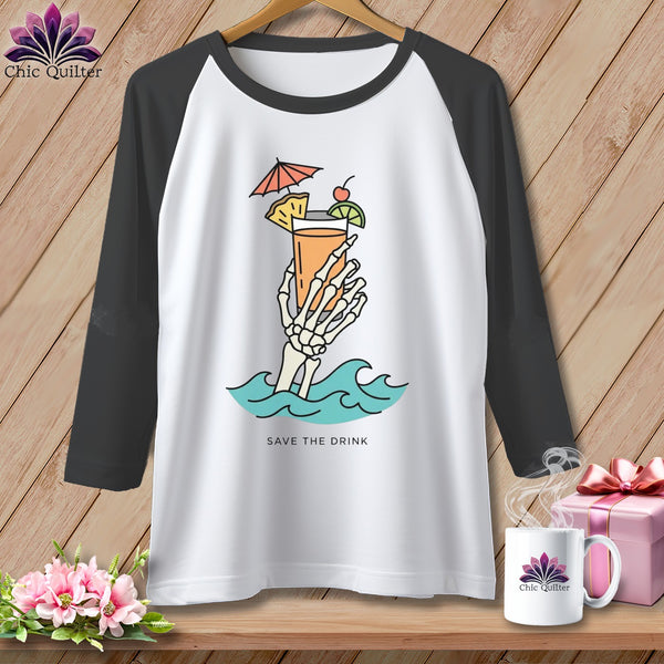Skeleton hand holding a tropical drink, with "SAVE THE DRINK" text.
