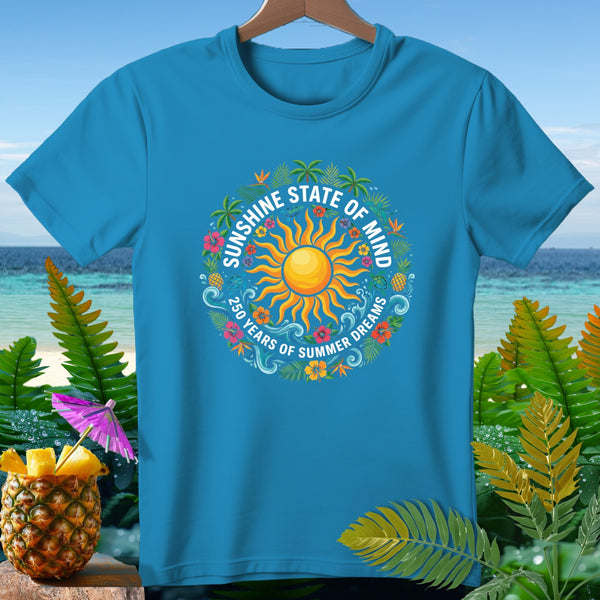 Blue t-shirt with "Sunshine State of Mind 250 Years of Summer Dreams" and sun graphic.