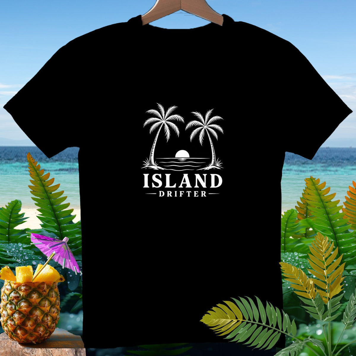 Black t-shirt with white "ISLAND DRIFTER" logo featuring palm trees and sunset.