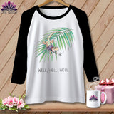 Raglan shirt with a cartoon gecko on a palm leaf and text 