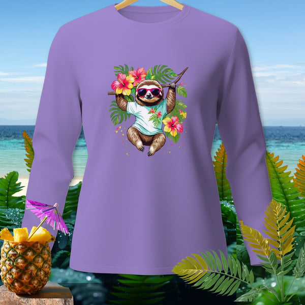 Purple long-sleeve shirt with a graphic of a sloth wearing sunglasses and holding a branch.