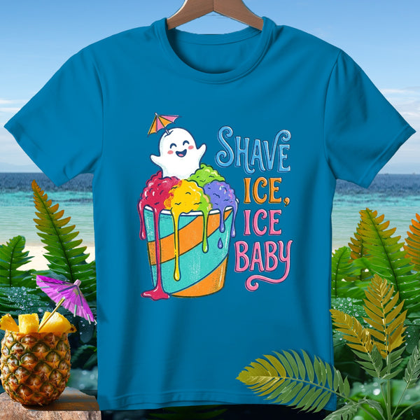 Blue t-shirt with "Shave Ice, Ice Baby" text and a cartoon ghost.