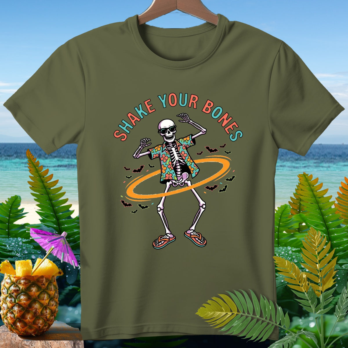 Skeleton in Hawaiian shirt dancing with text "SHAKE YOUR BONES".