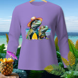 Purple long-sleeve shirt with two iguanas, a straw hat, and surfboard graphic.