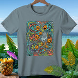 T-shirt with jack-o'-lantern fish and ghost pattern on ocean background.
