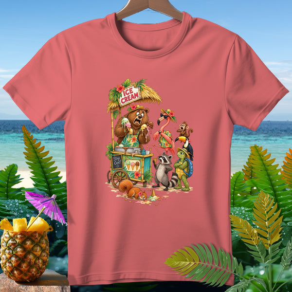 Bear and friends at an ice cream cart with "Ice Cream" sign on a tropical beach.