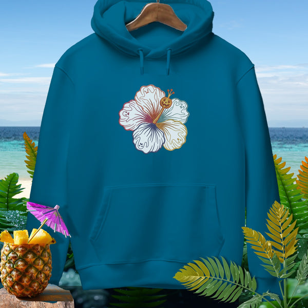 Teal hoodie with hibiscus design featuring ghosts and a jack-o-lantern.