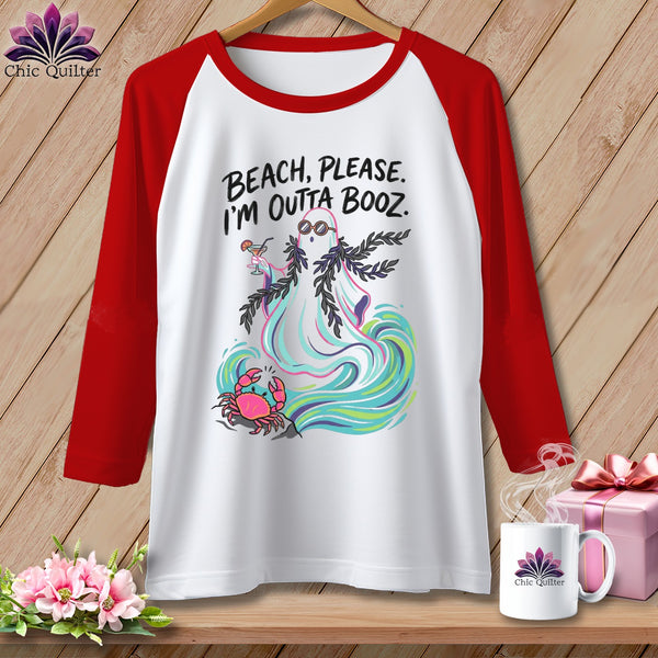 White baseball tee with ghost and crab graphic saying "Beach, Please. I'm Outta Booz."