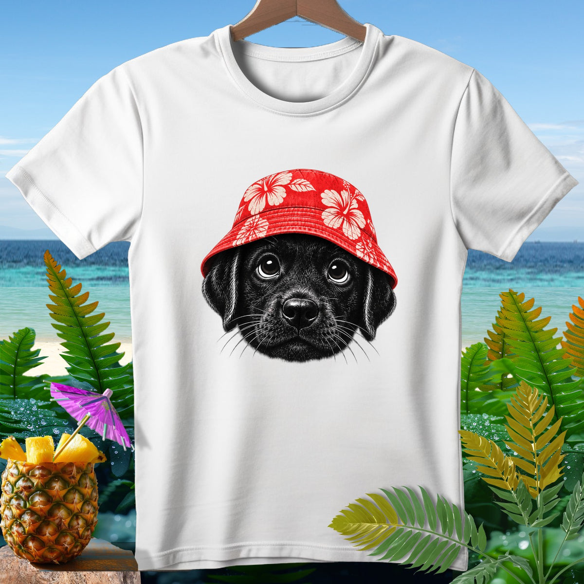 White t-shirt with a black puppy wearing a red hibiscus bucket hat.