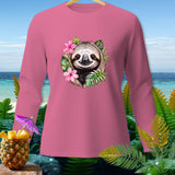 Pink long-sleeve shirt with a smiling sloth and flowers graphic.