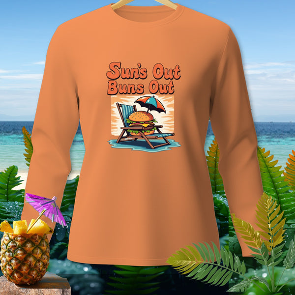 Orange long-sleeve shirt with "Sun's Out Buns Out" text and hamburger graphic.