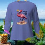 A periwinkle long-sleeve t-shirt features a graphic of a pink flamingo playing volleyball with text.