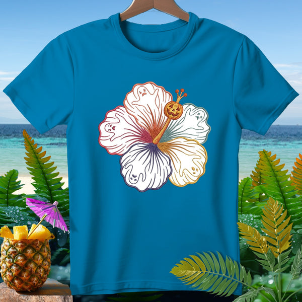 Turquoise t-shirt with hibiscus design featuring ghosts and a jack-o'-lantern.