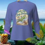 Long-sleeve shirt with iguanas on a beach and text 