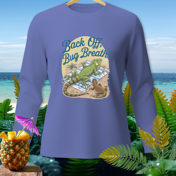 Long-sleeve shirt with iguanas on a beach and text "Back Off, Bug Breath!"
