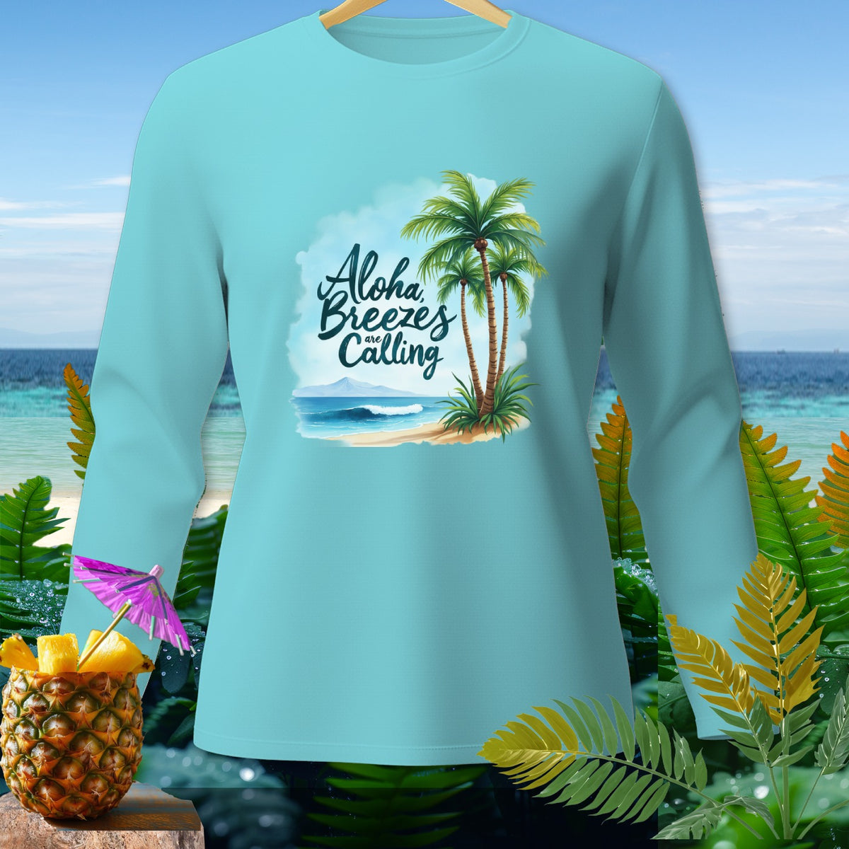 Light blue long-sleeve shirt with "Aloha Breezes are Calling" tropical beach graphic.