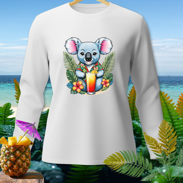 White long-sleeve shirt featuring a cartoon koala with a tropical drink and floral accents.