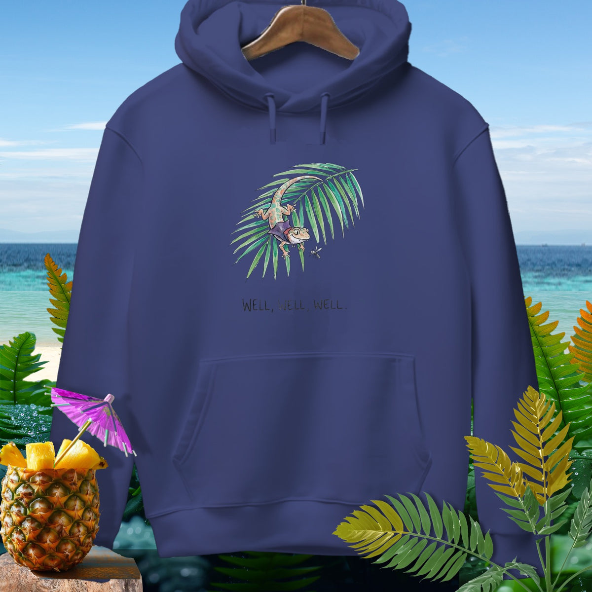 Navy hoodie with a gecko on a palm frond and "WELL, WELL, WELL." text.
