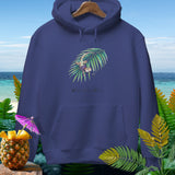 Navy hoodie with a gecko on a palm frond and 