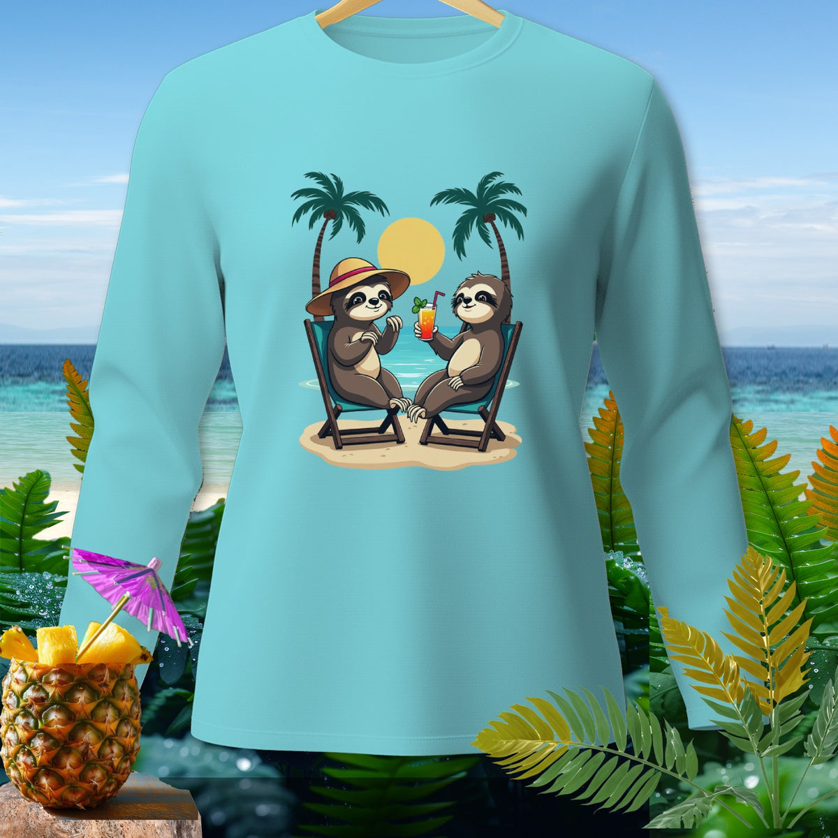 Light blue long-sleeve shirt with cartoon sloths relaxing on a beach with palm trees.