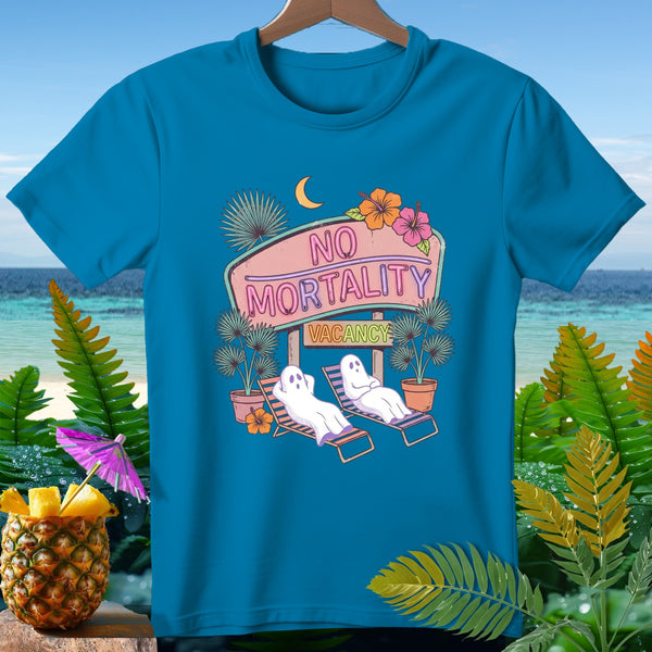 Blue t-shirt with "No Mortality" and "Vacancy" neon sign and two ghosts relaxing.