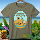 Olive green t-shirt with oval graphic: skeleton, ghost, pumpkin, and text 