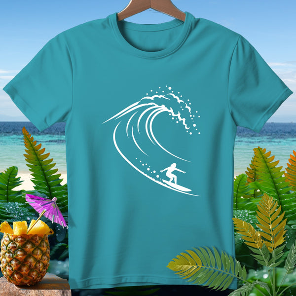 Teal t-shirt with white graphic of a surfer riding a wave.
