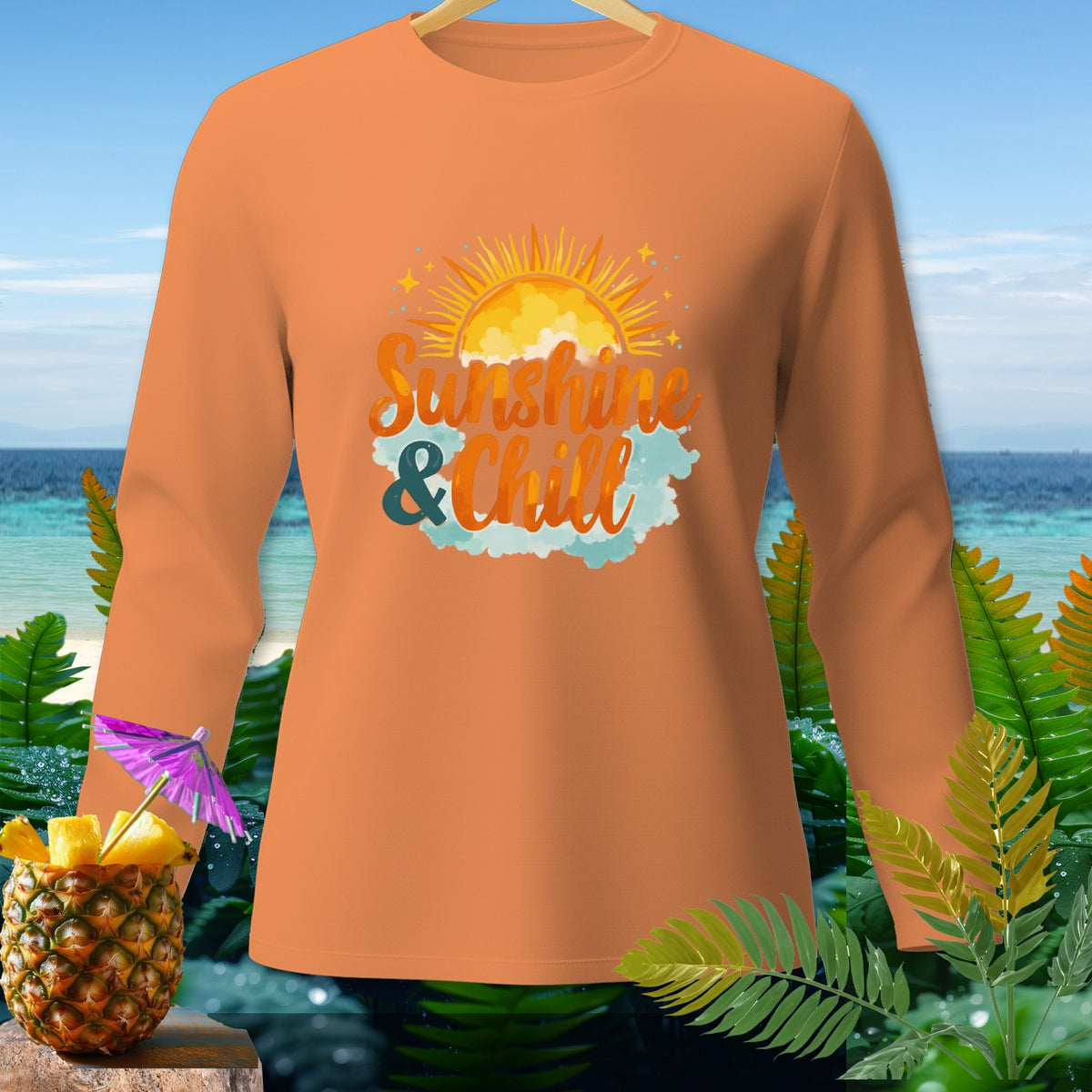 Orange long-sleeve shirt with "Sunshine & Chill" graphic and sun.