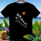 Black t-shirt with white palm trees and an orange sun graphic.