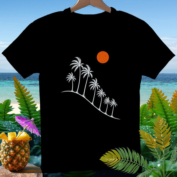 Black t-shirt with white palm trees and an orange sun graphic.