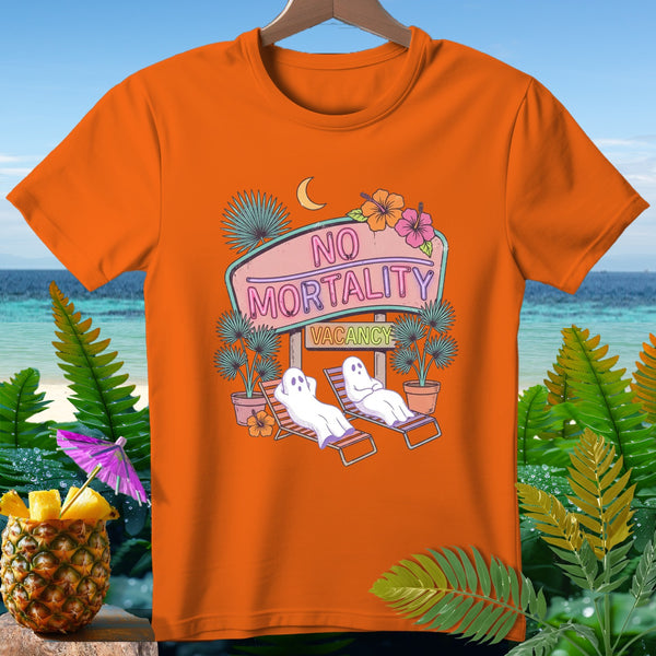 Orange t-shirt graphic with neon sign reading "No Mortality Vacancy" and two ghosts relaxing.