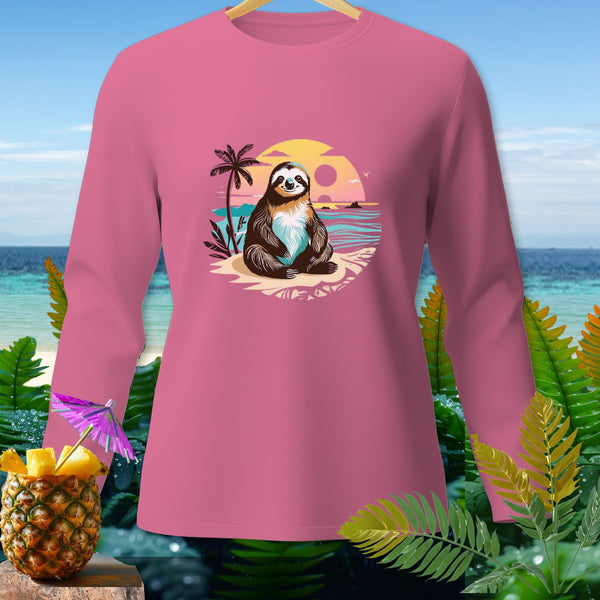Pink long-sleeve shirt with a graphic of a sloth on a beach with a sunset.