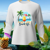 White long-sleeve shirt with tropical drink and text 
