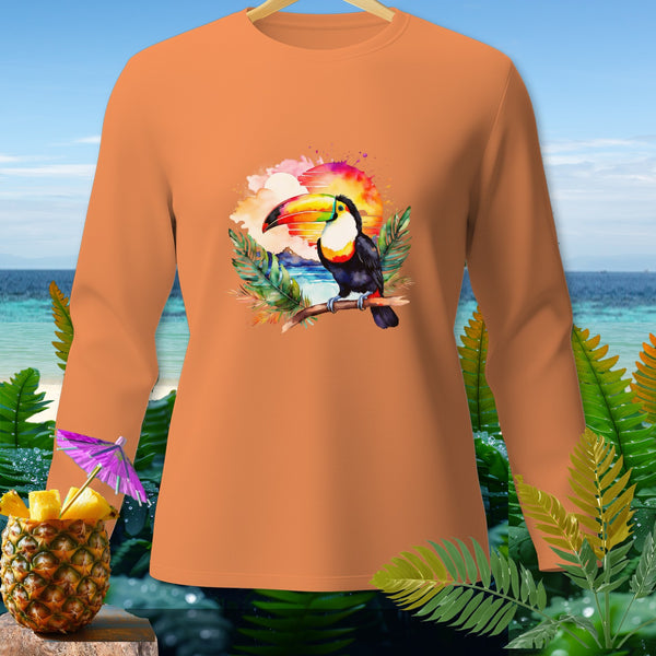 Orange long-sleeve shirt with toucan and sunset design.