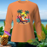 Orange long-sleeve shirt with cartoon cat in a lounge chair on a beach.