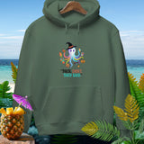 Green hoodie with octopus graphic and text 