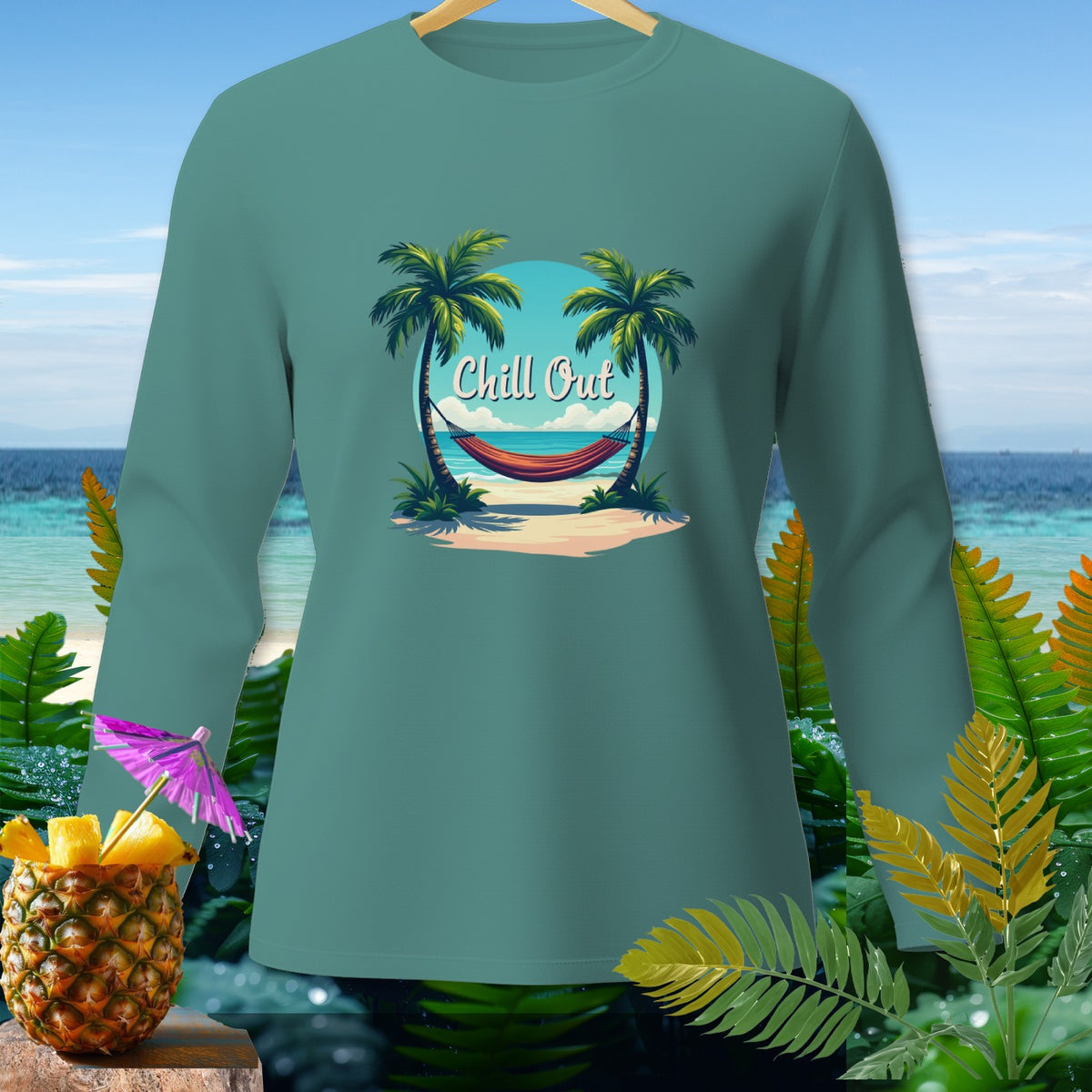 Long-sleeved shirt with "Chill Out" text and beach scene graphic.