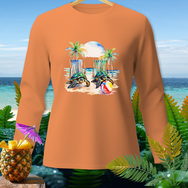 Orange long sleeve shirt with two turtles and beach scene graphic.
