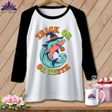 Raglan t-shirt with shark wearing witch hat and 