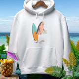 White hoodie with a distressed ghost, surfboard, and sign reading 