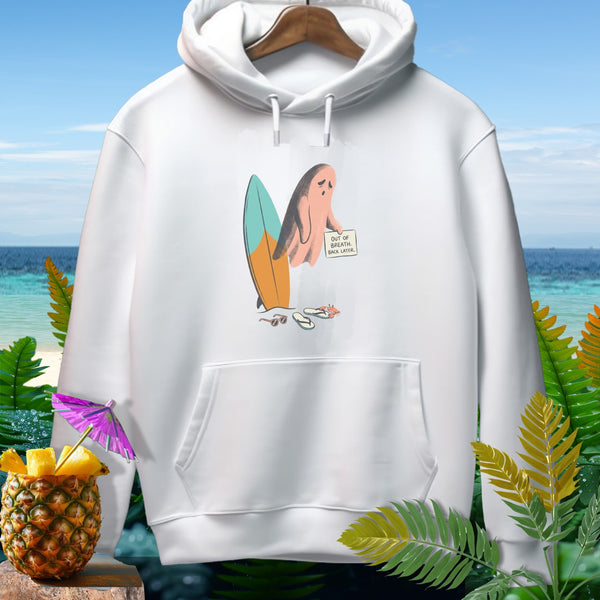 White hoodie with a distressed ghost, surfboard, and sign reading "OUT OF BREATH. BACK LATER."