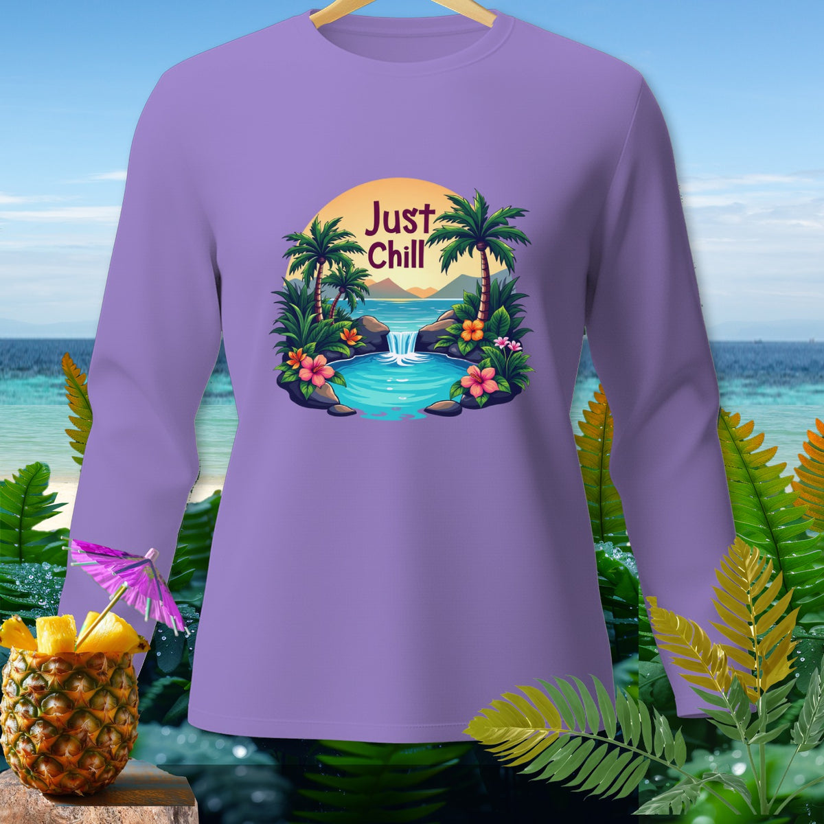 Purple long-sleeve shirt with "Just Chill" tropical waterfall graphic.