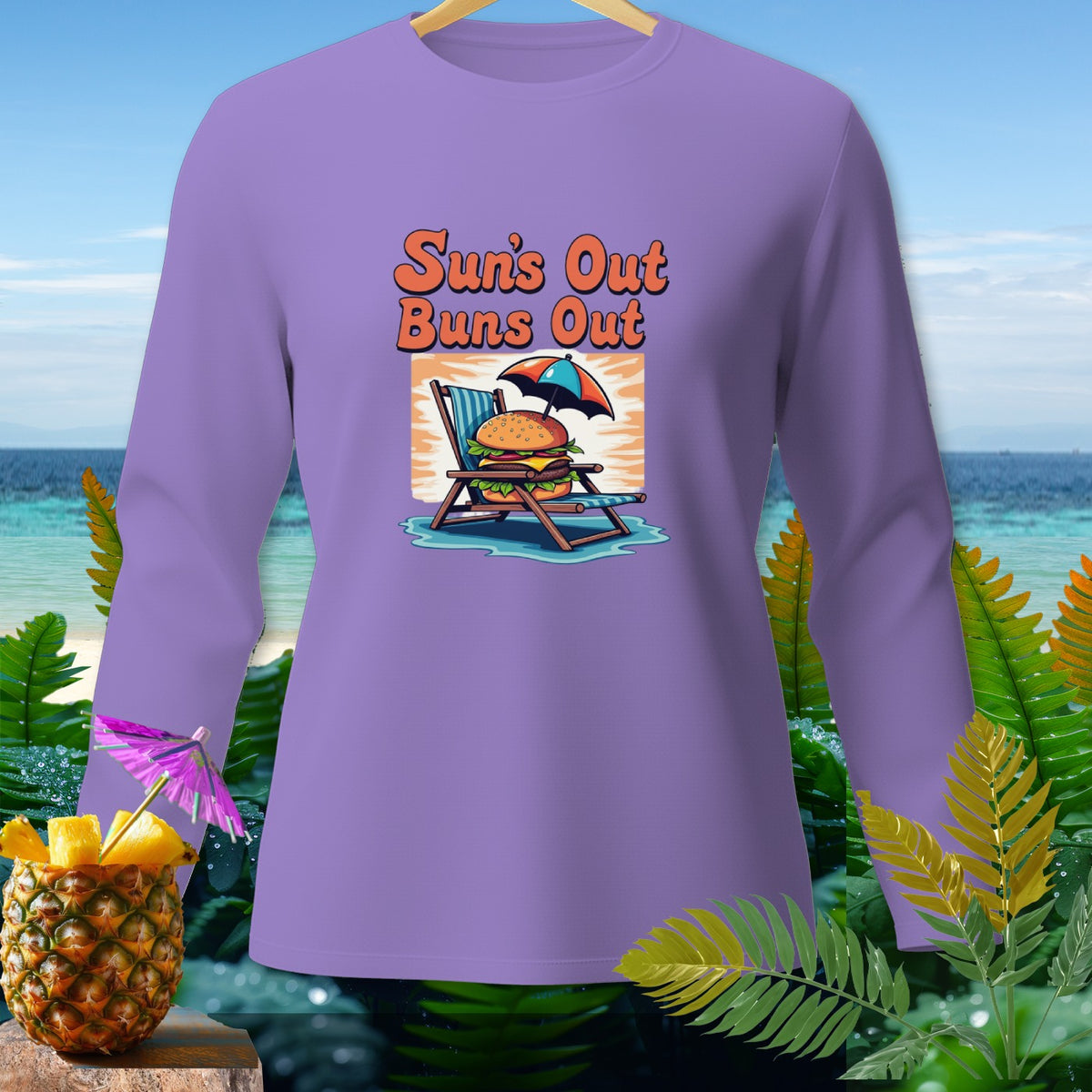 Purple long-sleeve shirt with "Sun's Out Buns Out" text and burger graphic.