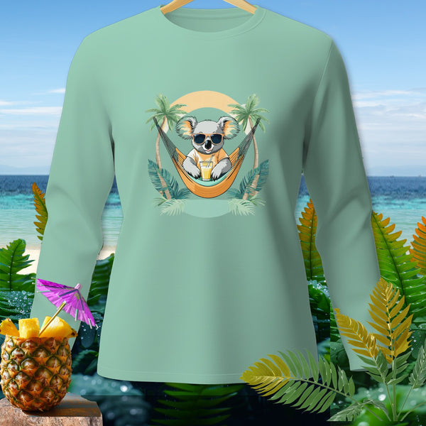 Mint green long-sleeve shirt with a koala relaxing in a hammock.