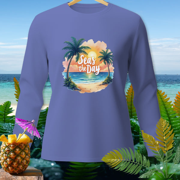 Lavender long-sleeve shirt with "Seas the Day" tropical beach graphic.