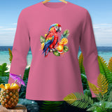Pink long-sleeved shirt with a colorful parrot and tropical drink graphic.